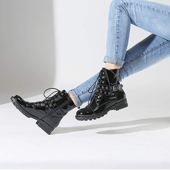 Combat Boots Low Heel Booties Lace Up - Picture 2 of 8